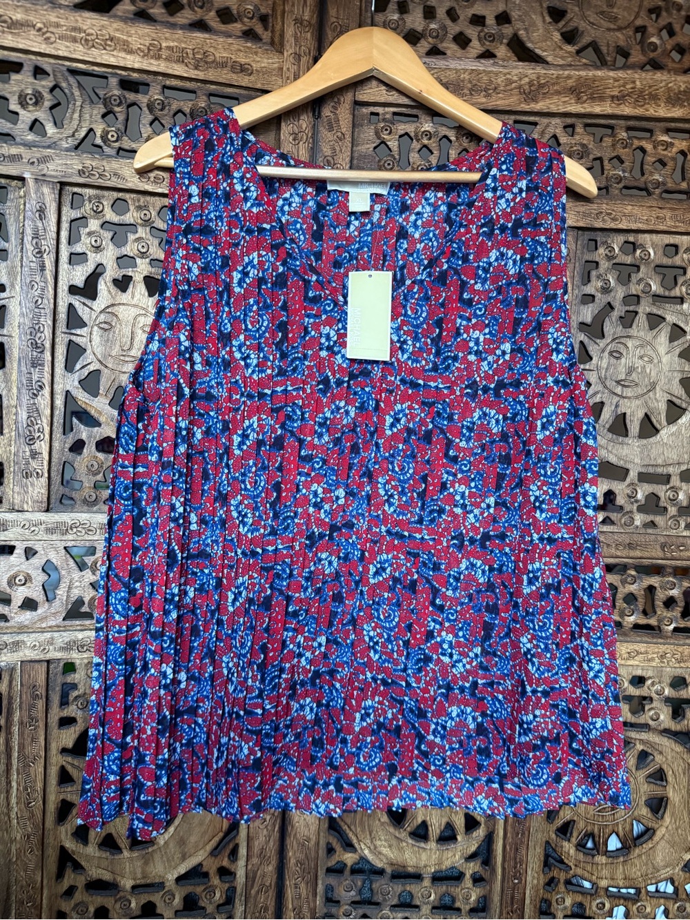 NWT MICHAEL Michael Kors Red and Blue Floral Pleated Tank SZ XL